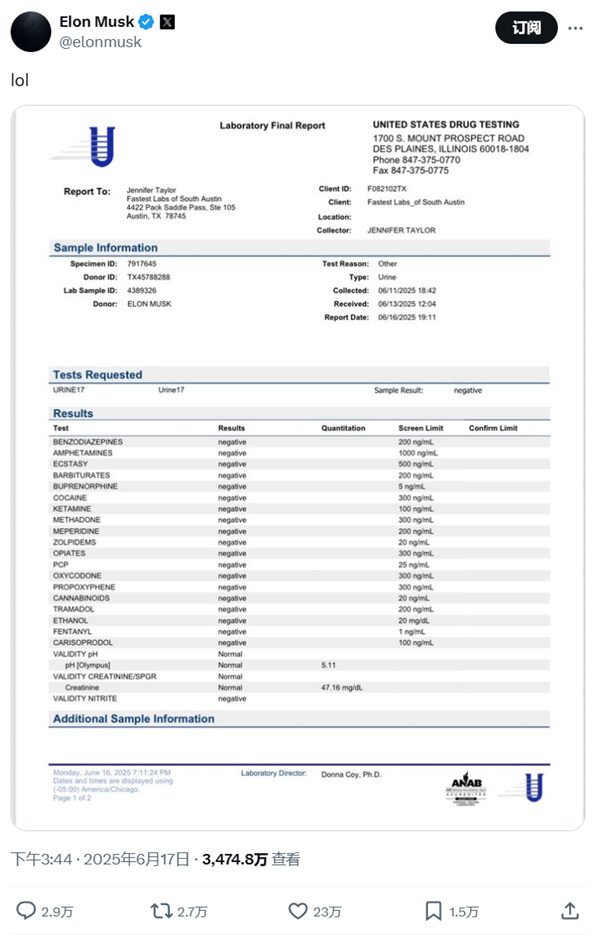 特斯拉CEO到底吸毒了没 马斯克公布尿检报告自证