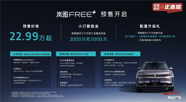 全系华为激光雷达智驾 岚图FREE+预售：22.99万起