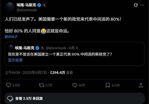 马斯克提议成立“美国党”获得80.4%支持 特朗普：我和马斯克的关系已经结束了