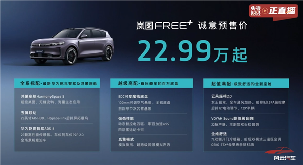 全系华为激光雷达智驾 岚图FREE+预售：22.99万起