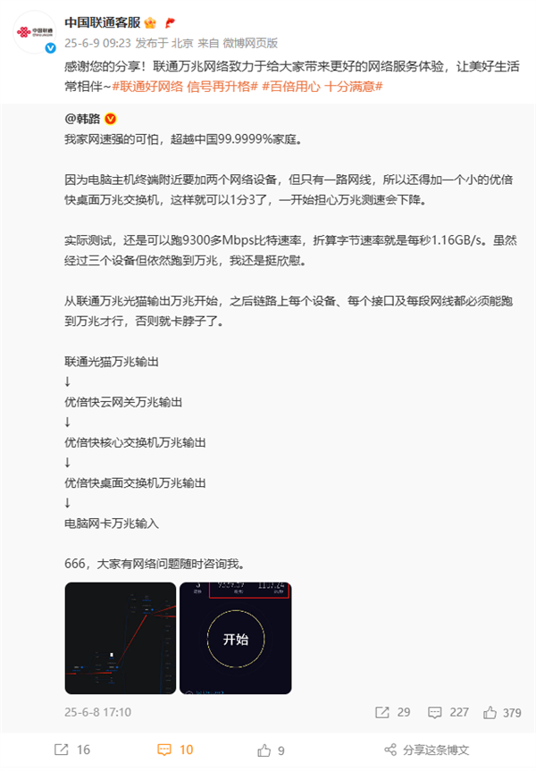 1.16GB/s！车评大V韩路晒自家网速：超越中国99.9%家庭 比王思聪家还快