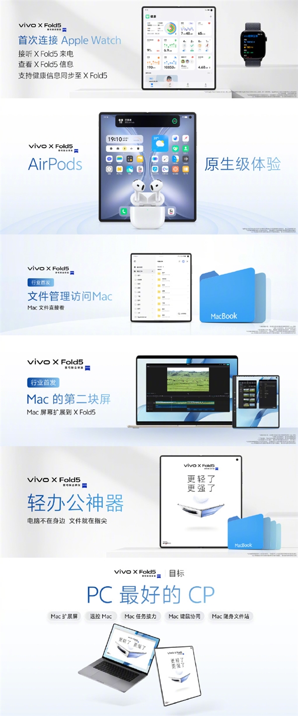 vivo X Fold5支持连接Apple Watch 安卓史上第一次