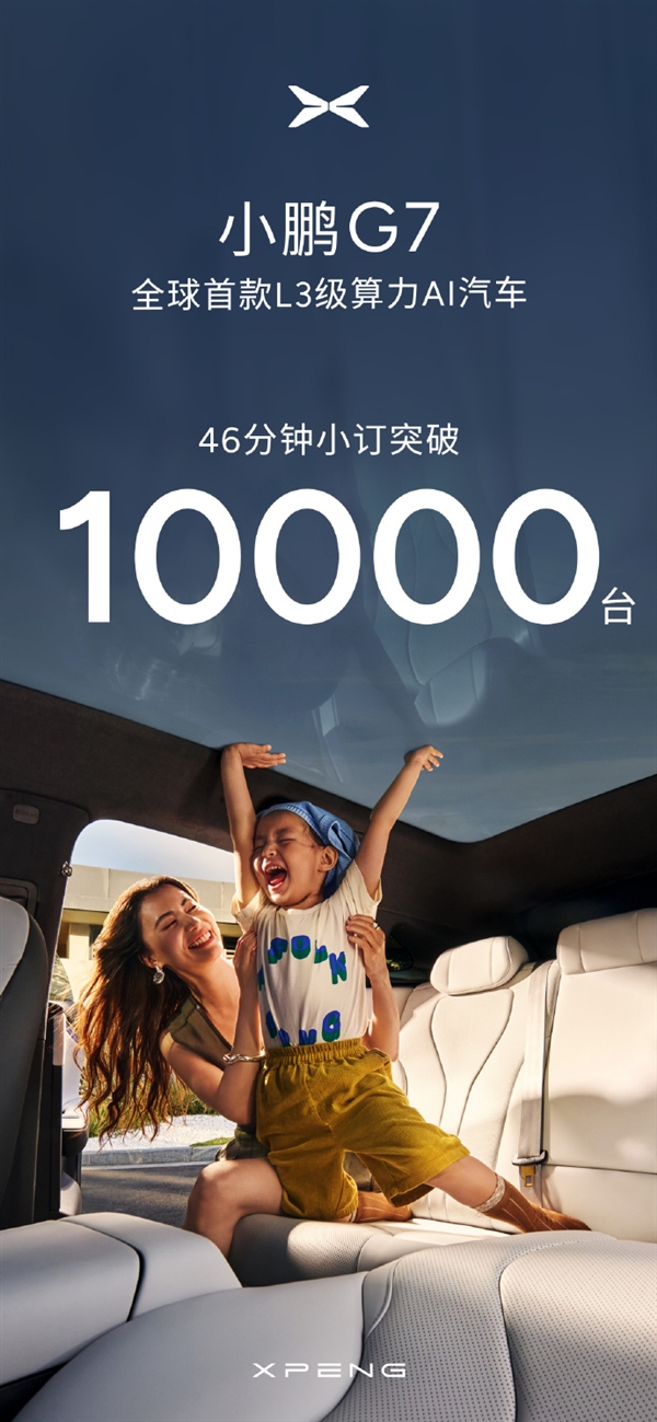 全球首款L3级算力AI汽车！小鹏G7仅46分钟小订破10000台
