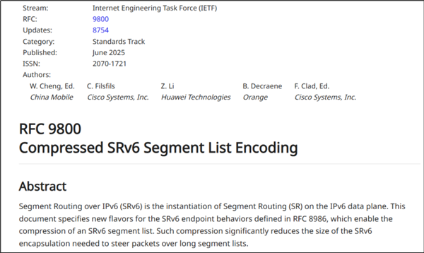 中国移动牵头！新一代互联网基础协议（SRv6）核心标准RFC9800发布
