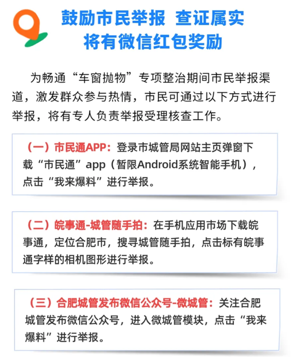 合肥上线举报“车窗抛物”规定 每条线索奖励50元微信红包
