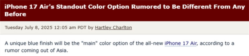 接替远峰蓝！iPhone 17 Air新配色曝光：淡雅蓝色调或成主打