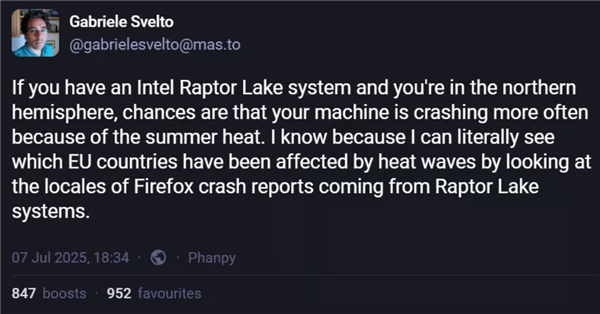 自带宕机体质！Intel第13代和第14代酷睿CPU夏季高温更容易死机