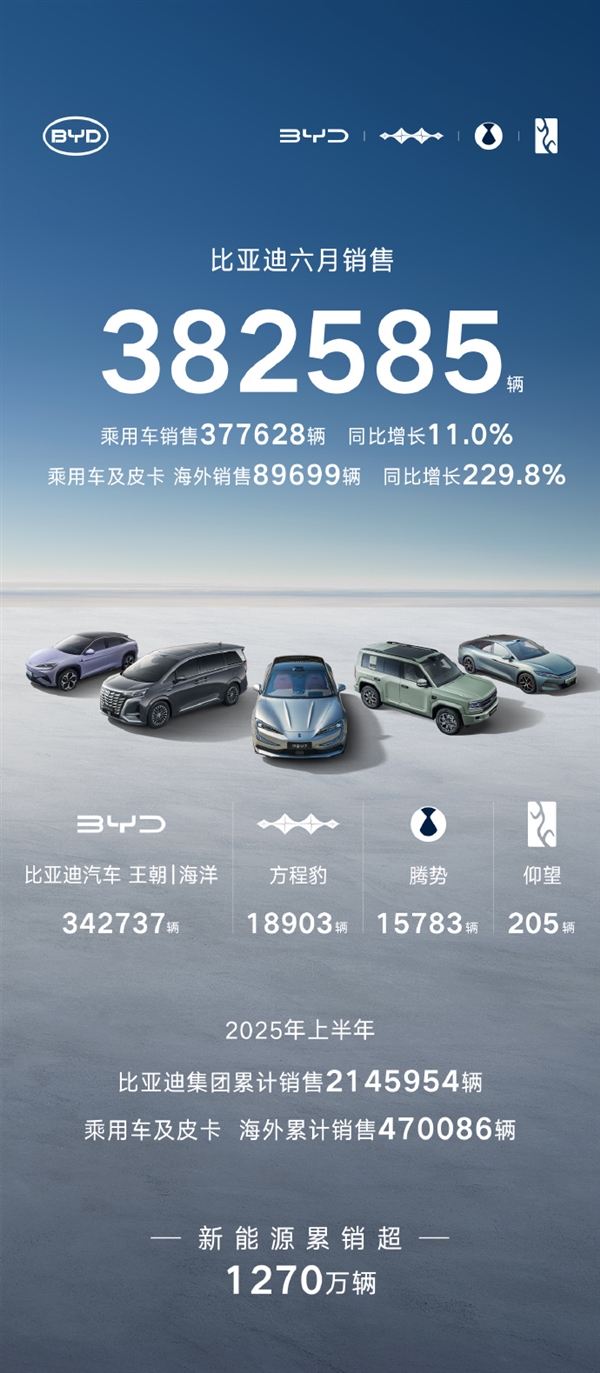 比亚迪6月销售382585辆！今年已突破200万辆 大增33%