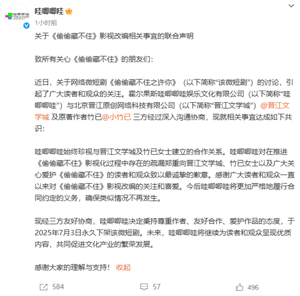 哇唧唧哇致歉！永久下架微短剧《偷偷藏不住之许你》