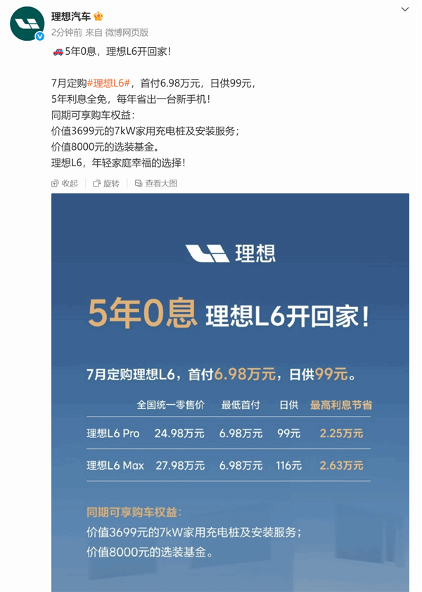 理想L6上线5年0息购车政策：日供99元 每年省出一台新手机