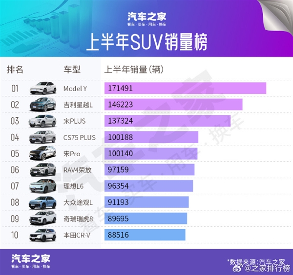 2025年上半年SUV中国销量TOP10出炉：特斯拉Model Y夺冠
