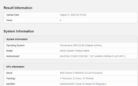 AMD锐龙5 5500X3D Geekbench性能首曝，多核提升超13%
