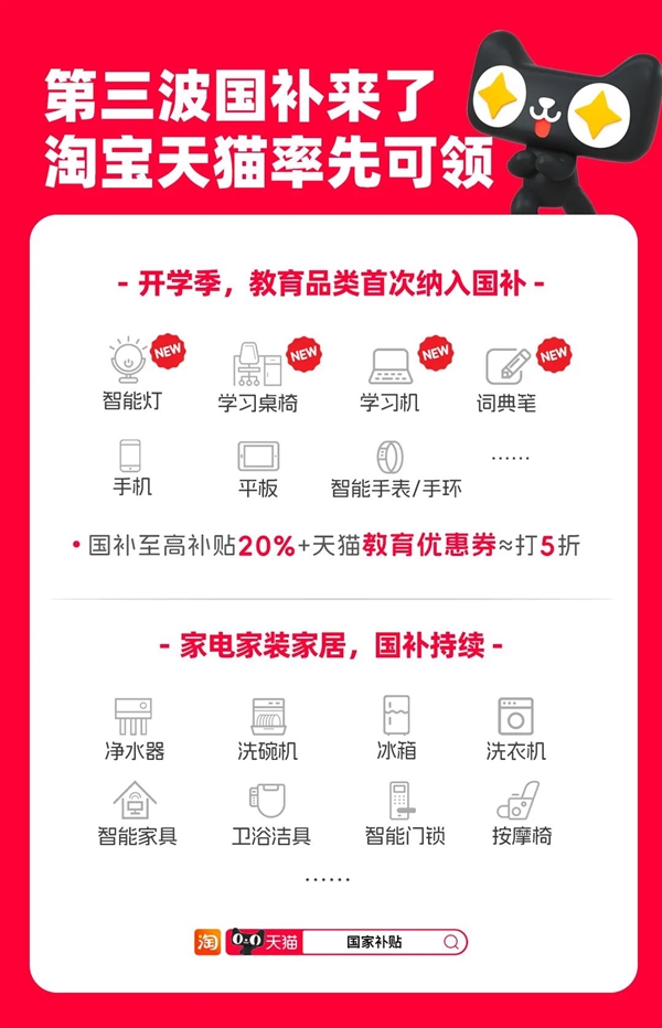天猫官宣第三波国补来了：手机数码继续 首次纳入智能灯等教育品类
