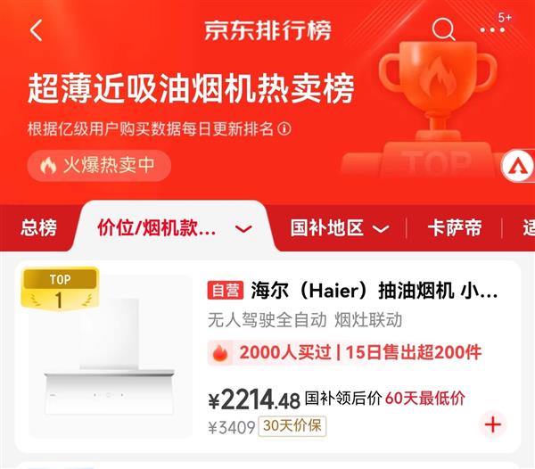 烟机怎么选   京东TOP榜：海尔全自动烟机位居NO.1