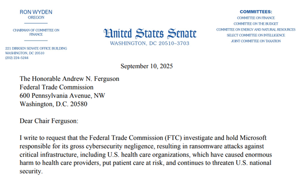 微软被指安全失职！美议员称其对国家构成威胁：督促进行调查