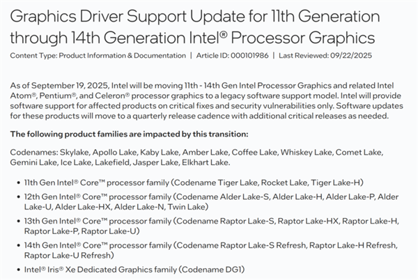 没有Day0游戏支持了：Intel 11 – 14代酷睿核显驱动转向传统支持！每季度一次