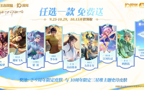 《王者荣耀》十周年庆开启：三款皮肤免费送