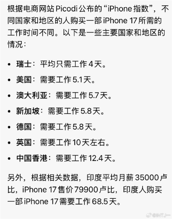 “你要工作多久才能买一部iPhone 17”被挤上热搜：有人4天搞定 有人要2个多月