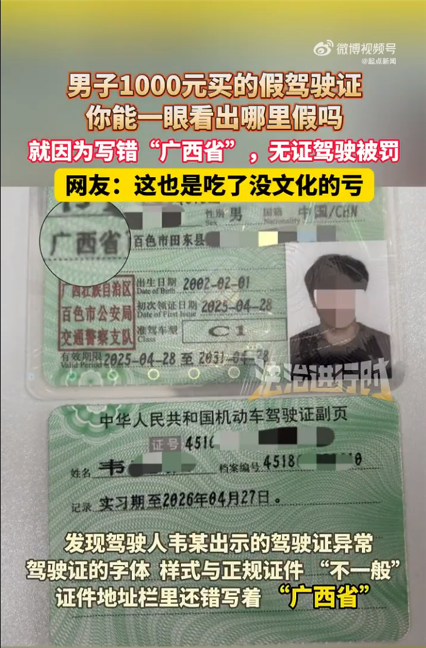 男子1000元买假驾照因“广西省”被查 网友：吃了没文化的亏
