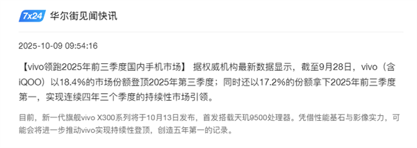 vivo再次拿下国内份额第一！连续四年三个季度领先