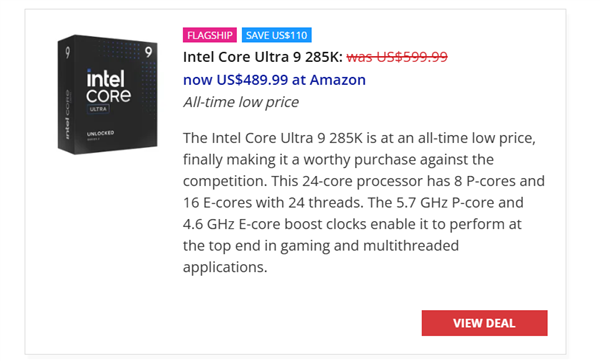 优化后性能大涨21％！Intel旗舰酷睿Ultra 9 285K降至有史以来最低价：3开头即可入手