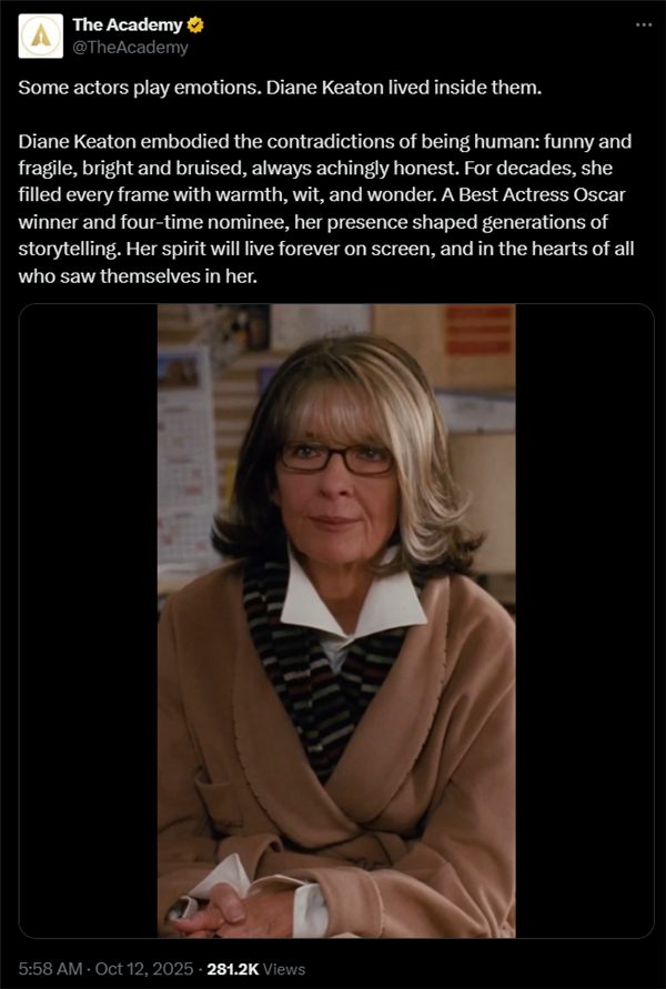 四度提名奥斯卡 影后戴安·基顿去世 曾主演《教父》三部曲